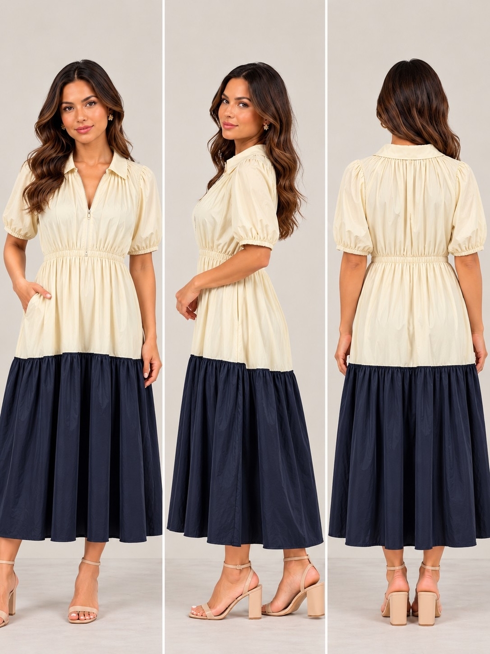 Two-Tone Cream and Navy Midi Dress with Collared V-Neck